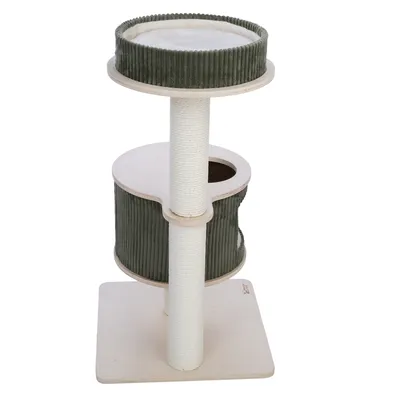 Árbol rascador de dos niveles, con funda de tela verde y columna rascadora de sisal sobre base de madera.