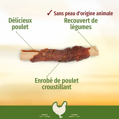 Sans peau d'origine animale, délicieux poulet, recouvert de légumes, enrobé de poulet croustillant (texte visible sur l'image)