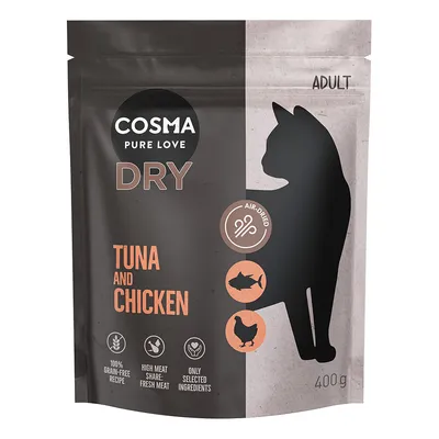 Cosma Pure Love Dry Adult, luftgetrocknetes Trockenfutter mit Thunfisch und Huhn, 100% getreidefrei, hoher Fleischanteil aus frischem Fleisch, nur ausgewählte Zutaten, 400g.