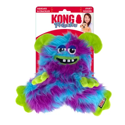 KONG Frizzles toy, purple and blue with green accents. Packaging text: Squeaks & Crackles, Jouet Sonore.