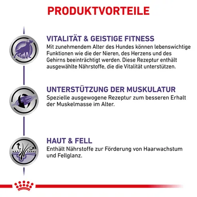 Produktvorteile: Vitalität & geistige Fitness, Unterstützung der Muskulatur, Haut & Fell. Enthält Nährstoffe für Vitalität, Muskelmasse im Alter und Haarwachstum.