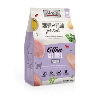 MAC's Super Food for Cats Kitten Geflügel Poultry, droogvoer voor kittens, inhoud 7 kg. Zichtbare iconen: zonder granen, geen toegevoegde suiker, rijk aan vlees, zonder soja.