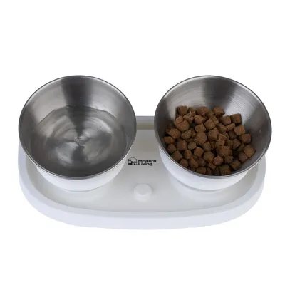 Modern Living double bowl set with two stainless steel bowls, one for water and one with dry food, on a white holder.
