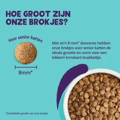 Brokjes voor senior katten, gemiddelde doorsnee 8 mm. Tekst: 'Met zo'n 8 mm* doorsnee hebben onze brokjes voor senior katten de ideale grootte en vorm voor een lekker krokant knabbeltje.'