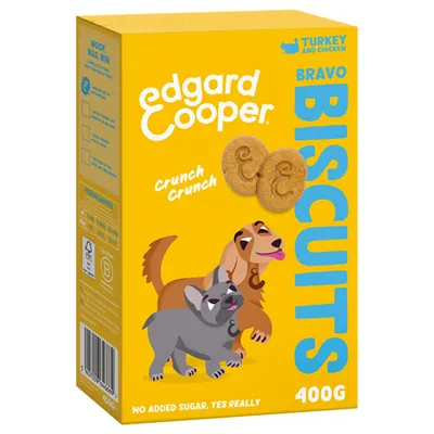Edgard Cooper Bravo Biscuits, kalkoen en kip, 400g. Tekst: Crunch Crunch, no added sugar. Afbeelding van twee honden en twee koekjes met letter E zichtbaar.