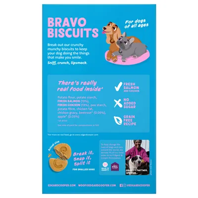 BRAVO BISCUITS hondenkoekjes, geschikt voor alle leeftijden. Ingrediënten: verse zalm (13%), verse kip (13%), graanvrij, geen toegevoegde suikers. Edgard & Cooper merk.