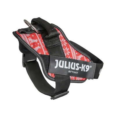 Julius-K9 IDC Power hundsele i rött med vitt mönster och svart handtag.
