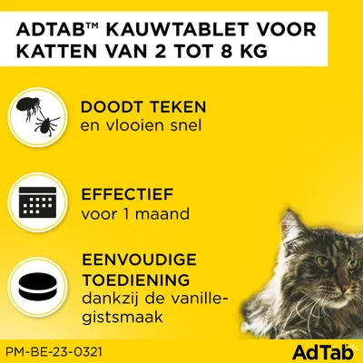 ADTAB kauwtablet voor katten van 2 tot 8 kg. Doodt teken en vlooien snel, effectief voor 1 maand, eenvoudige toediening dankzij de vanille-gistsmaak. AdTab merknaam zichtbaar.
