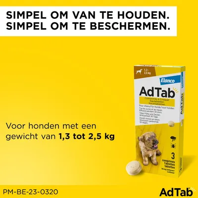 Elanco AdTab kauwtabletten voor honden 1,3–2,5 kg, verpakking met 3 tabletten. Tekst: Simpel om van te houden. Simpel om te beschermen. Voor honden met een gewicht van 1,3 tot 2,5 kg.