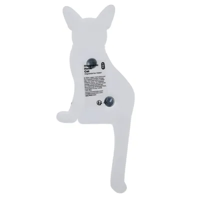 Mágneses akasztó macska alakban, hátoldalon a felirat: 'magnetic Hook Cat'. Két mágnespont látható.