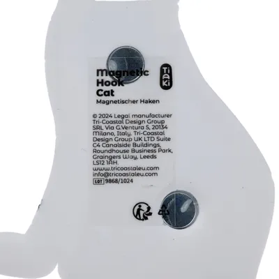 Magnetic Hook Cat, mágneses akasztó. Gyártó: Tri-Coastal Design Group, Milano, Olaszország és Leeds, Egyesült Királyság. LOT 9868/1024. Újrahasznosítási szimbólum látható.