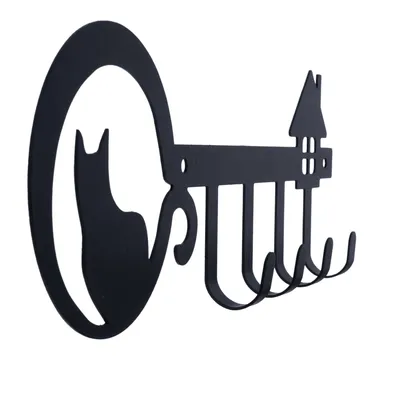 Schwarzer Wandhaken aus Metall mit Katzenmotiv und Hausdesign, fünf Haken für Aufhängung.