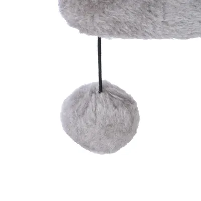 Grey plush ball on a black string, suitable as a toy or accessory for scratching posts.