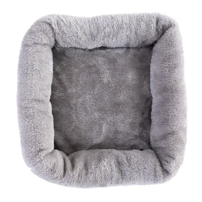 Grey, square pet bed made of soft plush material with raised edge.