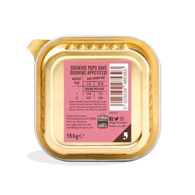 Voedingsadvies voor pups: gewicht 1 kg, 205 g/dag (1–2 mnd), 171 g/dag (6–12 mnd); 5 kg, 687 g/dag (1–2 mnd), 550 g/dag (6–12 mnd). Edgard & Cooper. 150 g. Ethical Award.