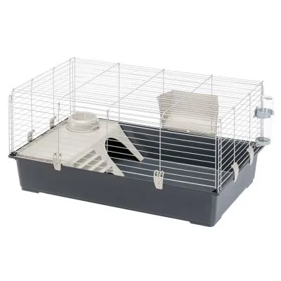 Gabbia per piccoli animali con base in plastica, griglia metallica, rampa interna, ciotola, beverino e ripiano rialzato visibili.