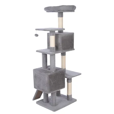 Árbol rascador gris con varios niveles, dos cuevas, postes de sisal y juguete colgante.