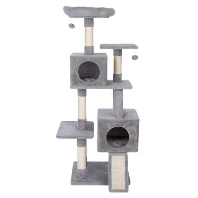 Árbol rascador gris con varios niveles, dos cuevas, superficies de sisal para rascar y pelotas colgantes para jugar.