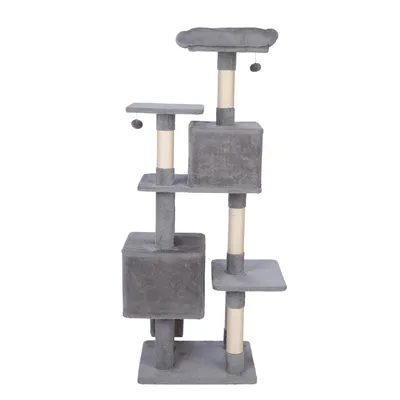 Rascador gris de varios niveles con dos cuevas y postes de sisal. Plataforma superior con superficie acolchada y pelota colgante.