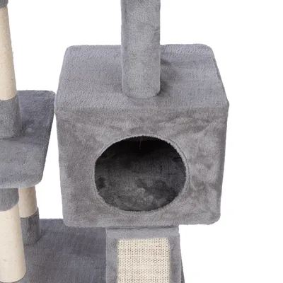 Rascador gris con cueva, superficie de sisal para rascar y niveles acolchados. Ideal para gatos para jugar y descansar.