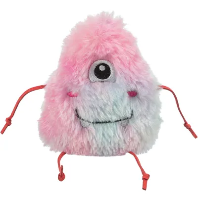 Plush toy in pink and blue with one eye, embroidered smile and red cord arms.