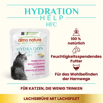 Almo Nature Hydration Help HFC Lachsbrühe mit Lachsfilet, feuchtigkeitsspendendes Futter für Katzen, die wenig trinken. Unterstützt das Wohlbefinden der Harnwege, 100% natürlich.