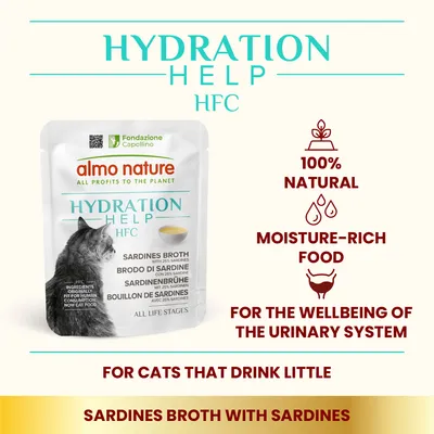 almo nature Hydration Help HFC Sardines Broth with 25% sardinky, 100% natural, moisture-rich food, for the wellbeing of the urinary system, for cats that drink little