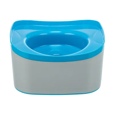 Ciotola per alimenti grigia e blu in plastica con bordo rialzato e incavo rotondo al centro.