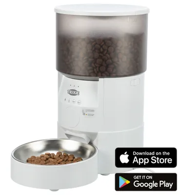Trixie voerautomaat met app-bediening. Download beschikbaar in de Apple App Store en Google Play Store.