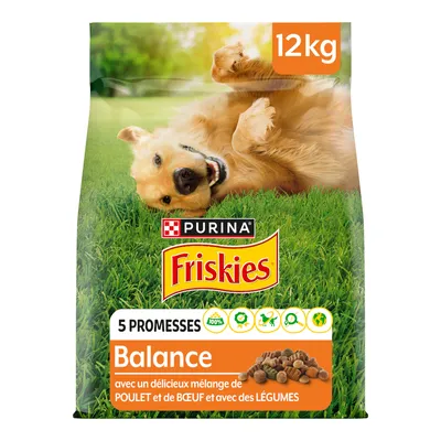 Purina Friskies Balance, 12kg. Mischung aus Huhn, Rind und Gemüse. 5 Versprechen: 100% komplett, ausgewogen, nachhaltig, recycelbar.