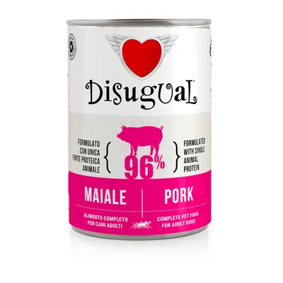 Disugual Nassfutter für Hunde, 96% Schwein, formuliert mit einer einzigen tierischen Proteinquelle. Vollwertnahrung für erwachsene Hunde.