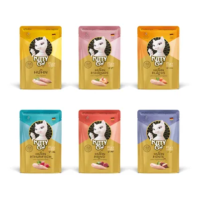 Kitty Cat Filet in Sauce, Sorten: Huhn, Huhn & Shrimps, Huhn & Lachs, Huhn & Thunfisch, Huhn & Rind, Huhn & Ente. Verpackungen mit deutschem Herkunftssymbol.