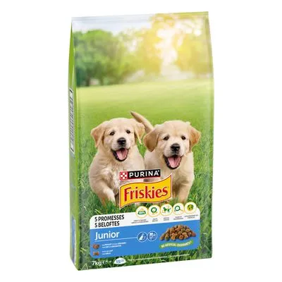 Purina Friskies Junior hondenvoer, 7 kg. Tekst op verpakking: 5 beloftes, geen kunstmatige smaakstoffen. Afbeelding van twee puppy's en brokjes.