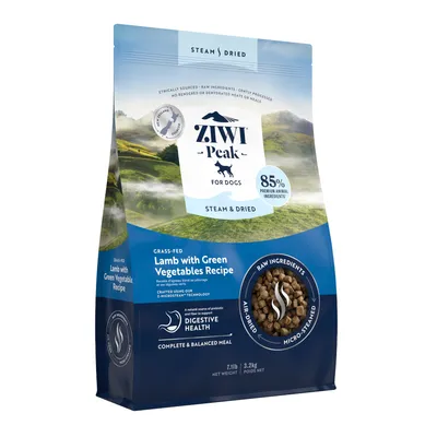 Ziwi Peak dla psów, receptura z jagnięciną i zielonymi warzywami, 85% składników pochodzenia zwierzęcego, suszone powietrzem, waga: 3,2 kg. Wspiera zdrowie układu trawiennego, pełny i zbilansowany posiłek.
