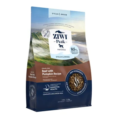 Ziwi Peak hundefoder, opskrift med oksekød og græskar. 85% premium animalske ingredienser, lufttørret, understøtter fordøjelsessundhed. Vægt: 3,2 kg.