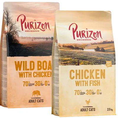 Purizon Adult Cats, sacchi da 2,5 kg: Wild Boar with Chicken e Chicken with Fish. Testo visibile: 70% carne/pesce, 30% frutta/verdura/erbe, 0% cereali.
