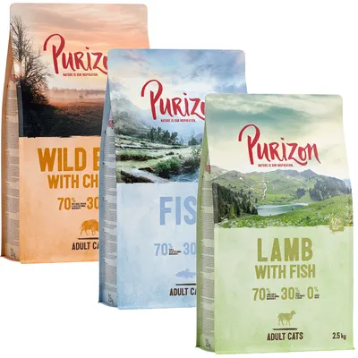 Purizon Trockenfutter für erwachsene Katzen in drei Sorten: Wild Boar mit Chicken, Fish und Lamb mit Fish. 70% Fleisch & Fisch, 30% Gemüse, 0% Getreide. Packungsgrösse 2,5 kg.