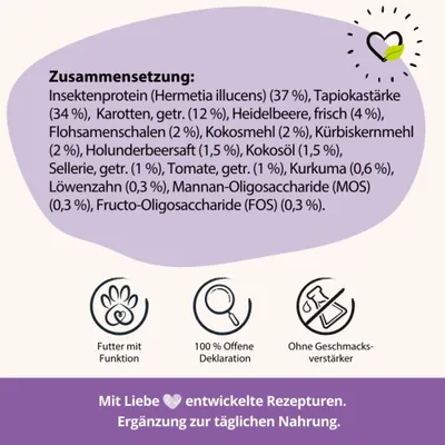 Zusammensetzung: Insektenprotein, Tapiokastärke, Karotten, Heidelbeere, Flohsamenschalen, Kokosmehl, Kürbiskernmehl, Holunderbeersaft, Kokosöl, Sellerie, Tomate, Kurkuma, Löwenzahn, MOS, FOS.