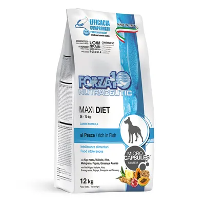 Sac Forza10 Nutraceutic Maxi Diet 12 kg, pour chiens 36–70 kg, riche en poisson, système Microcapsules, intolérances alimentaires, ingrédients visibles : algue rouge, maitake, aloe, papaye, ananas, grenade, ginseng.