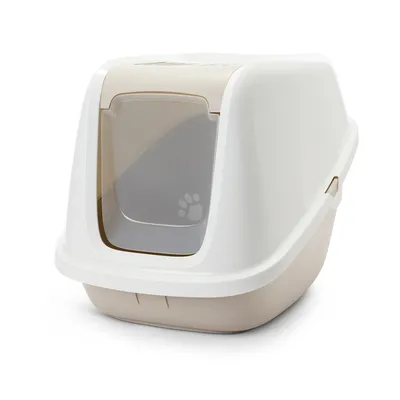 Geschlossene Katzentoilette mit weissem Gehäuse, beiger Abdeckung und transparenter Klapptür mit Pfotenmotiv.
