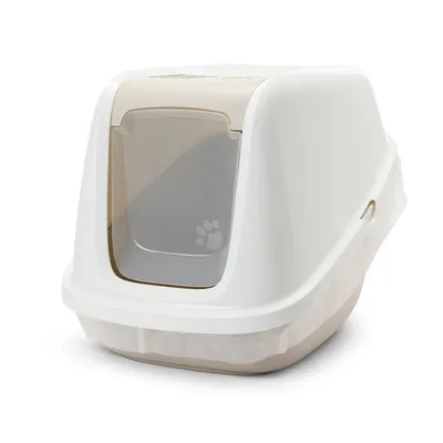 Geschlossene Katzentoilette mit beiger Abdeckung und transparenter Klapptür, dekoriert mit Pfotenabdruck-Symbol.