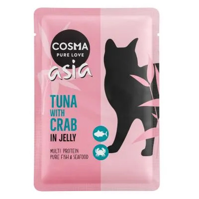 Cosma Pure Love Asia, Tuna with Crab in Jelly, Multi Protein Pure Fish & Seafood. Bustina rosa con silhouette di gatto e icone di pesce e granchio. Testo in inglese.