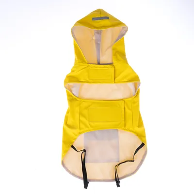Imperméable jaune pour chien avec capuche, doublure en maille claire et bandes élastiques noires visibles au niveau de l’arrière. Vue intérieure du vêtement.