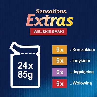 Sensations Extras Wiejskie Smaki, 24 x 85 g: 6 x z kurczakiem, 6 x z indykiem, 6 x z jagnięciną, 6 x z wołowiną