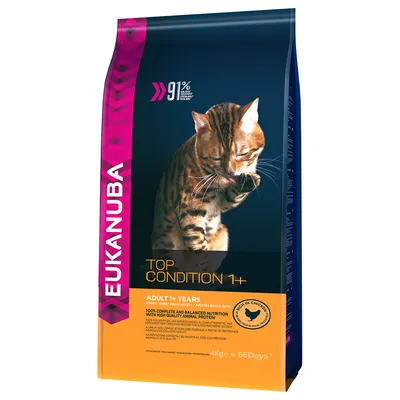 Eukanuba Top Condition 1+ para gatos adultos, 91 % proteína animal, sabor pollo, paquete de 4 kg. Texto visible: nutrición completa y equilibrada, 66 días.