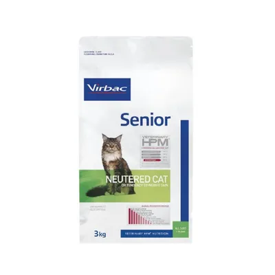 Упаковка корма Virbac Senior Neutered Cat, 3 кг. Видна надпись VETERINARY HPM, шкала анализа состава и информация для стерилизованных кошек.