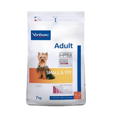 Virbac Adult Small & Toy, 7kg. Veterinární HPM Nutrition pro malé psy do 10 kg. Analýza: protein 35 %, tuk 25 %. Viditelný diagram rozložení živin.