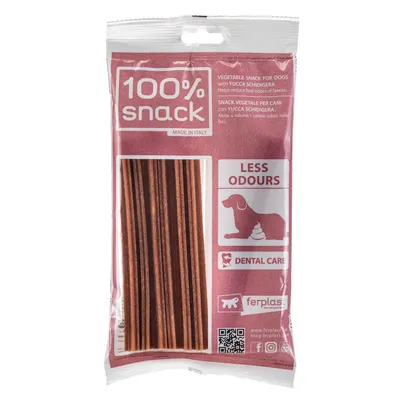 100% snack, snack vegetale per cani con Yucca Schidigera. Made in Italy. Riduce gli odori, supporta l'igiene orale. Marca: Ferplast.