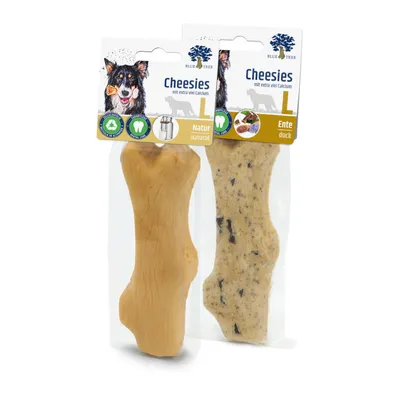 Blue Tree Cheesies L mit extra viel Calcium, Varianten Natur und Ente. Verpackung zeigt Produktdetails und Illustrationen eines Hundes.