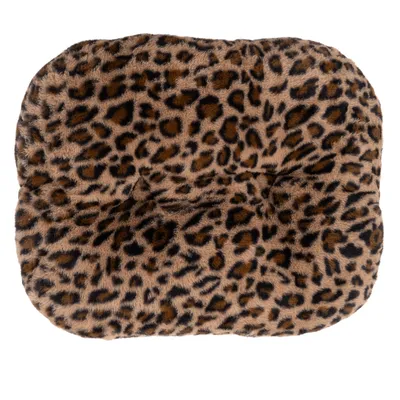 Square, padded cushion with leopard pattern in brown and black.